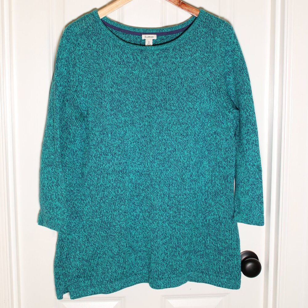 L.L. Bean 100% Cotton Teal Black Marl Crewneck Sweater Women’s XL Long